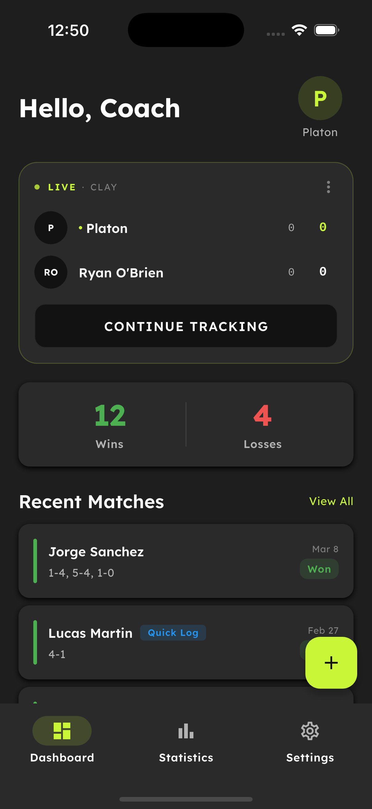 Tennis Seed dashboard showing match tracking and player stats