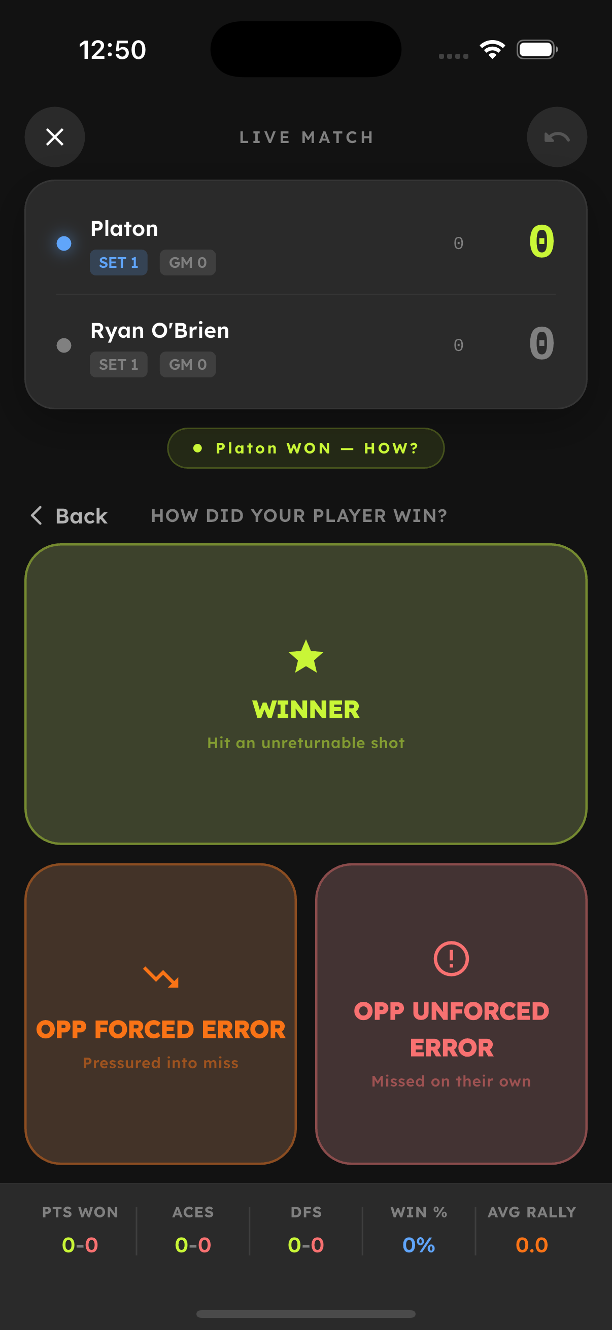 Point outcome tracking — winner, forced error, or unforced error